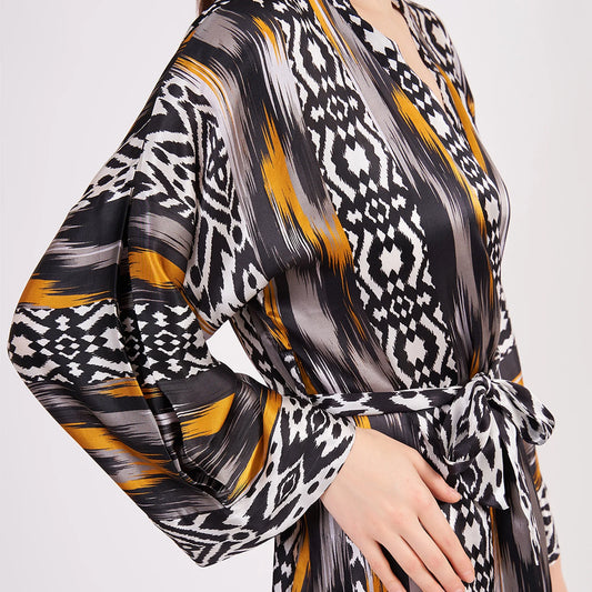 Saf İpek Kısa Kimono Kaftan | Ikat Desen 8 | Nomads Felt