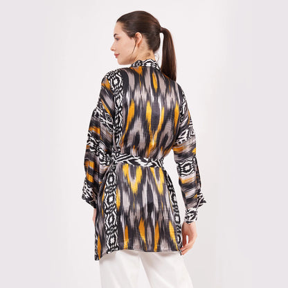 Saf İpek Kısa Kimono Kaftan | Ikat Desen 8 | Nomads Felt