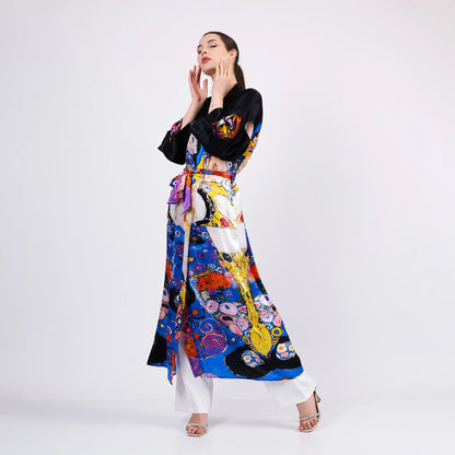 %100 İpek Uzun Kimono Kaftan | Gustav Klimt The Virgins | Nomads Felt
