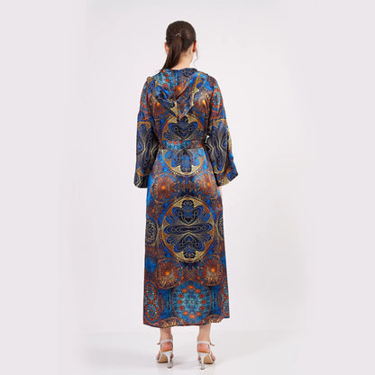 Saf İpek Kapüşonlu Kimono Kaftan | Mandala Desen Mavi | Nomads Felt