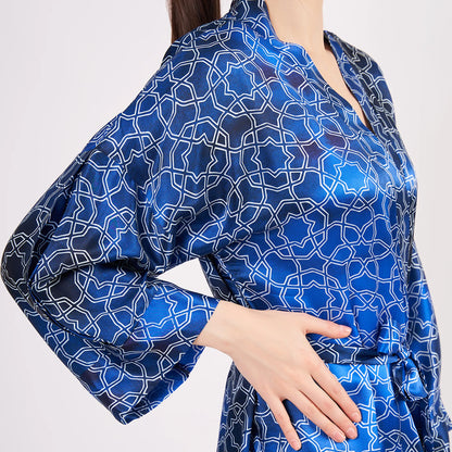 Saf İpek Kısa Kimono Kaftan | Mavi Beyaz Desenli | Nomads Felt
