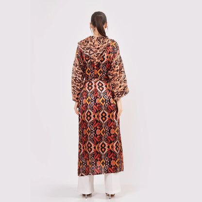 Saf İpek Kapüşonlu Kimono Kaftan İkat Desen 17 | Nomads Felt