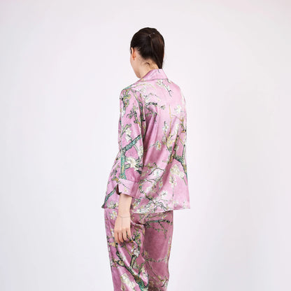 Saf İpek Gömlek-Pantolon-Pijama Takımı | Van Gogh Badem Ağacı Pembe | Nomads Felt