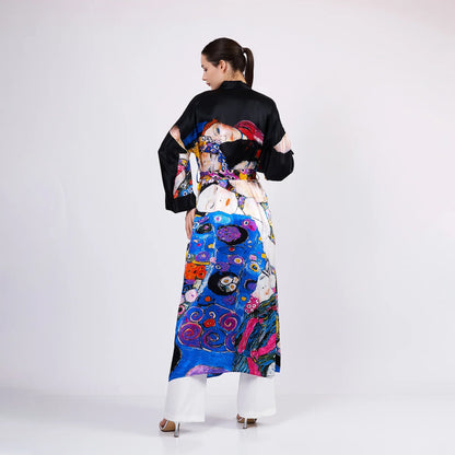 %100 İpek Uzun Kimono Kaftan | Gustav Klimt The Virgins | Nomads Felt