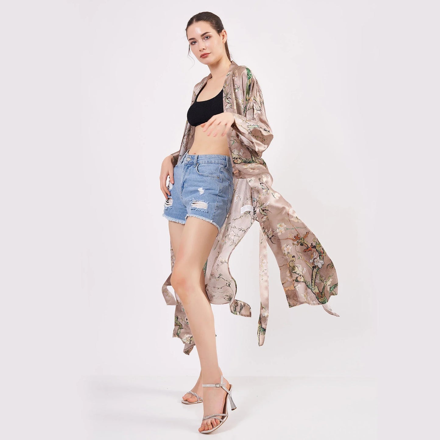 %100 İpek Kimono Kaftan | Bej | Van Gogh Badem Ağacı | Nomads Felt