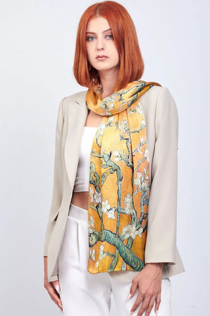 %100 Ipek Fular | Gold | 35x160 Cm | Van Gogh Badem Ağacı | Nomads Felt