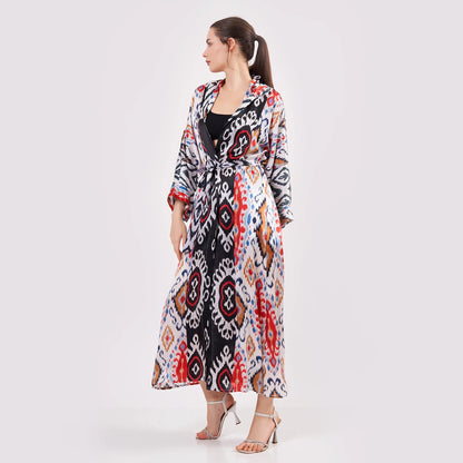 Saf İpek Kapüşonlu Kimono Kaftan | Kırmızı Siyah İkat Desen | Nomads Felt