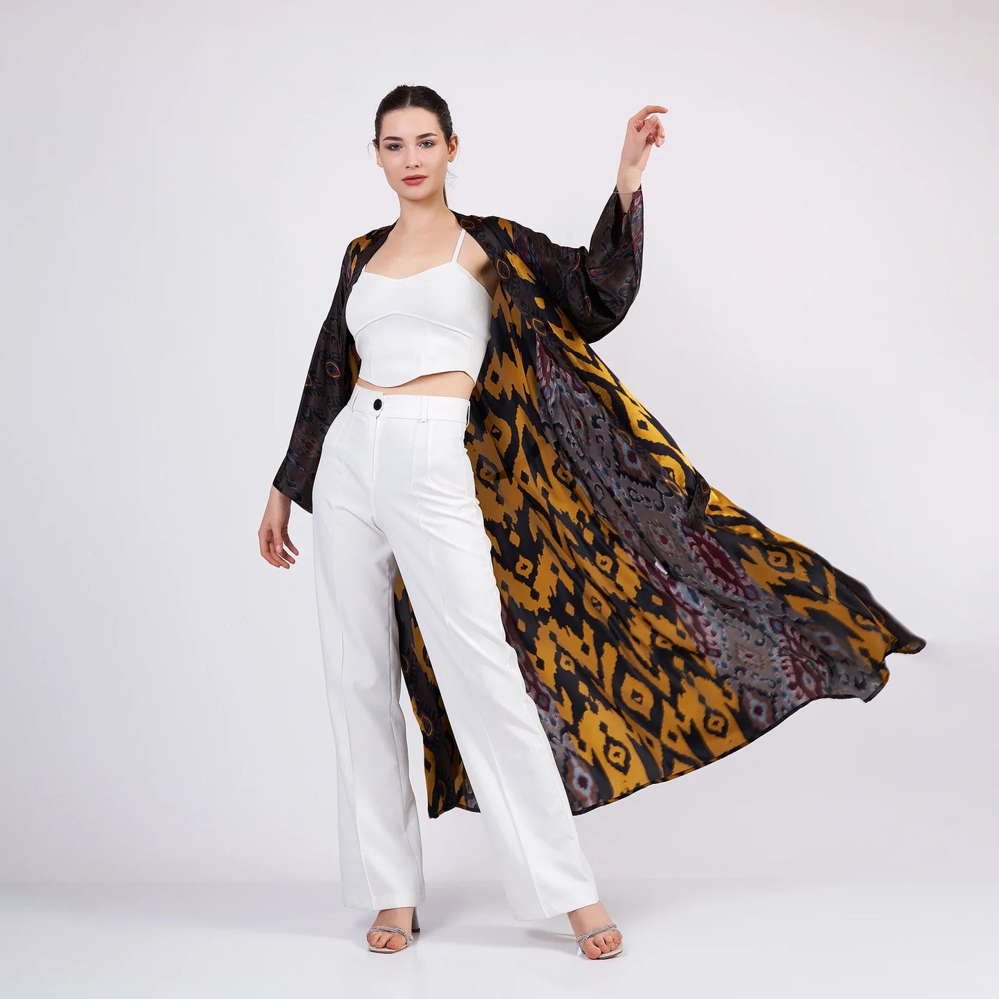 Siyah- Gold İkat Desenli İpek Kimono