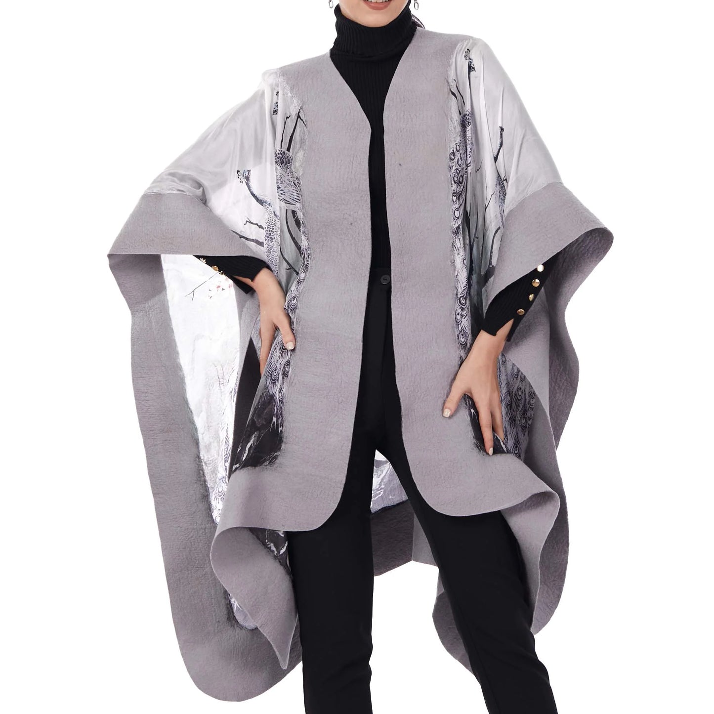 İpek-Keçe Panço | Gri Tavus Kuşu Desen | Nomads Felt