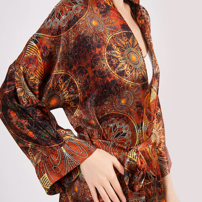 İpek Kapüşonlu Kimono Kaftan | Mandala Desen Kahverengi | Nomads Felt