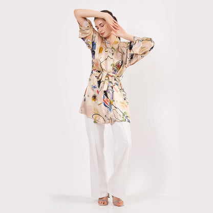 Saf İpek Kısa Kimono Kaftan | Kandinsky Composition | Nomads Felt