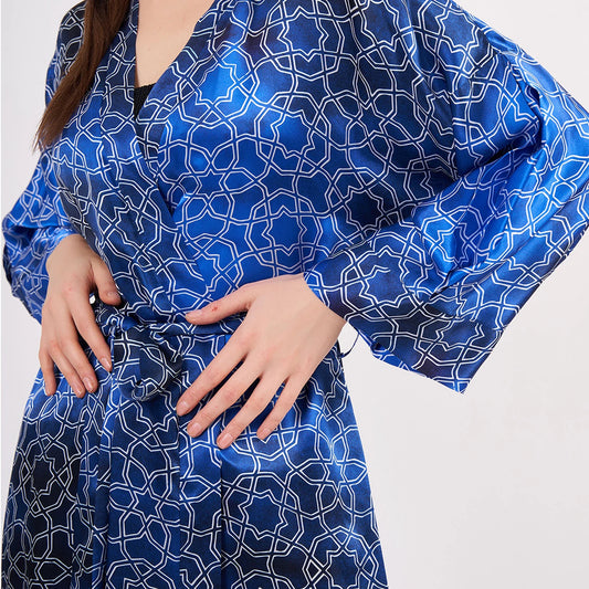 %100 İpek Uzun Kimono Kaftan | Mavi Beyaz Desenli | Nomads Felt