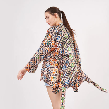 Saf İpek Kısa Kimono Kaftan | Elhamra Desen | Nomads Felt