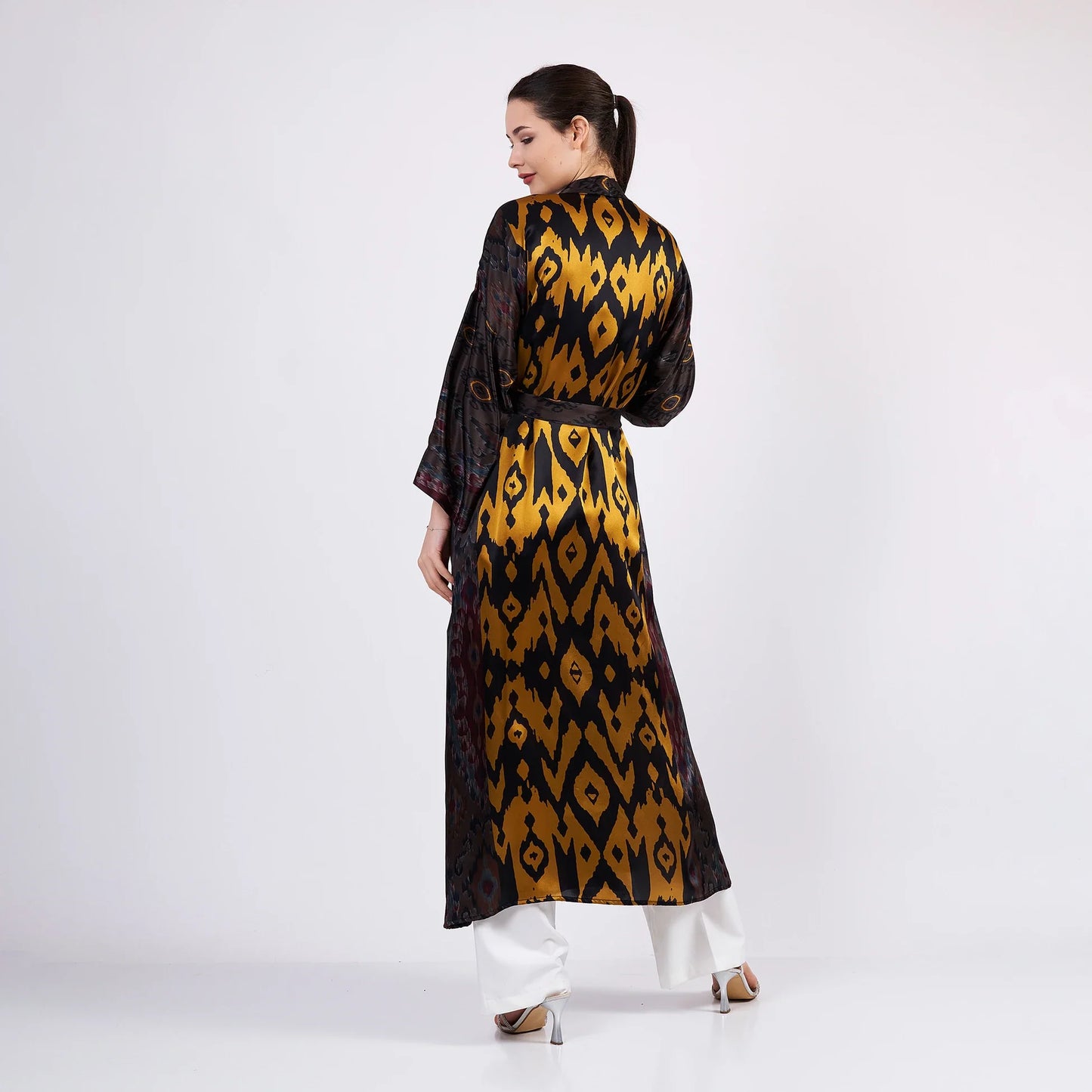 İpek Uzun Kimono Kaftan | Siyah-Gold Ikat Desen