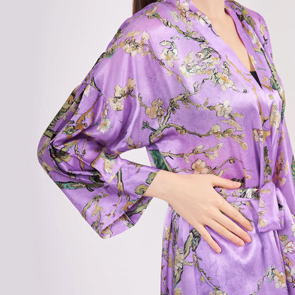 Saf İpek Uzun Kimono Kaftan | Mor Van Gogh Badem Ağacı | Nomads Felt