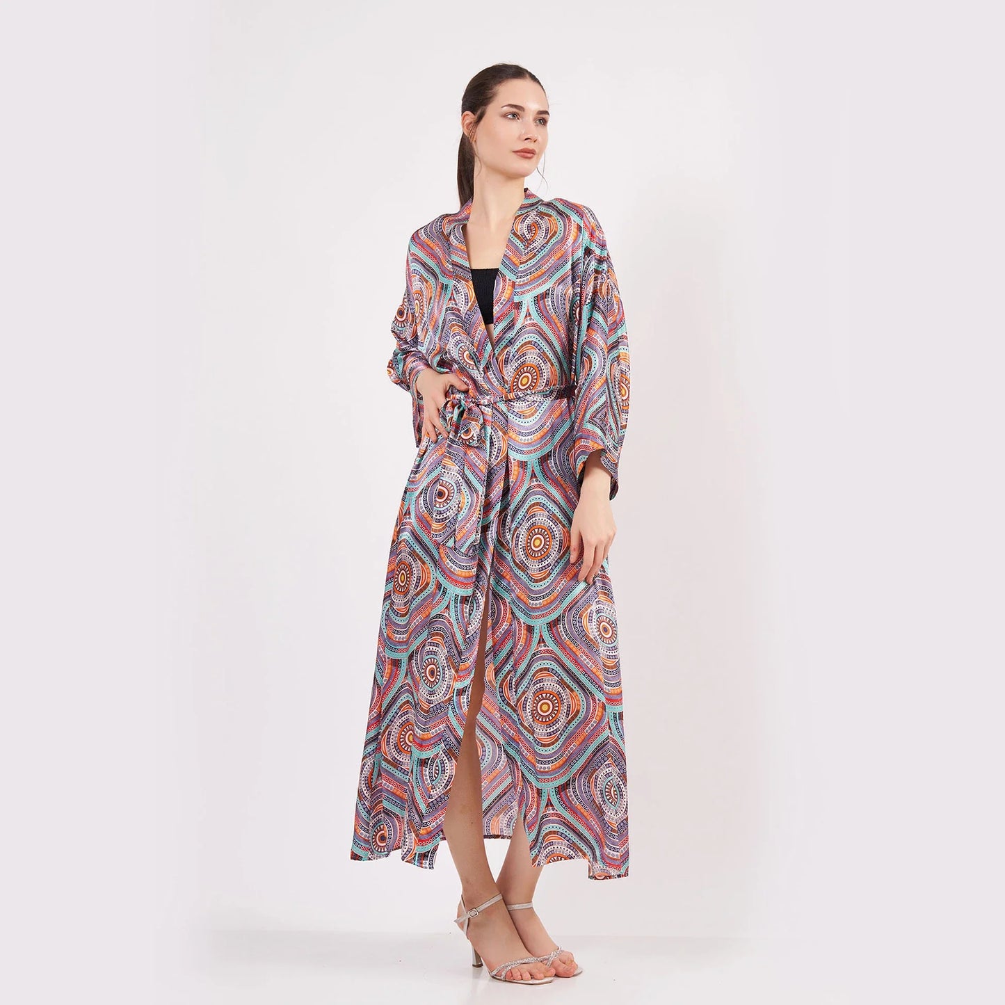 %100 İpek Uzun Kimono Kaftan | Mandala 2 | Nomads Felt