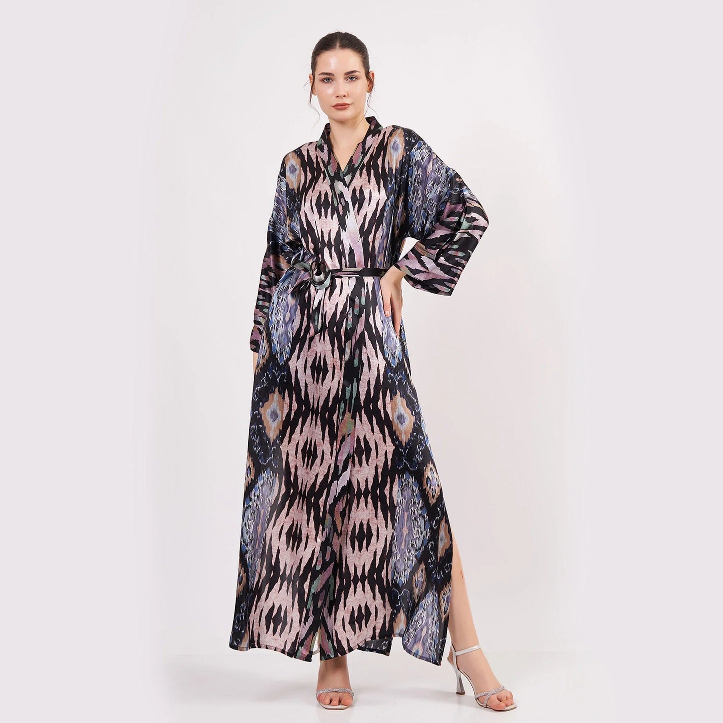 Saf İpek Uzun Kimono Kaftan | Ikat Desen 12 | Nomads Felt