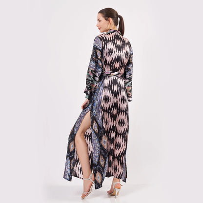 Saf İpek Uzun Kimono Kaftan | Ikat Desen 12 | Nomads Felt