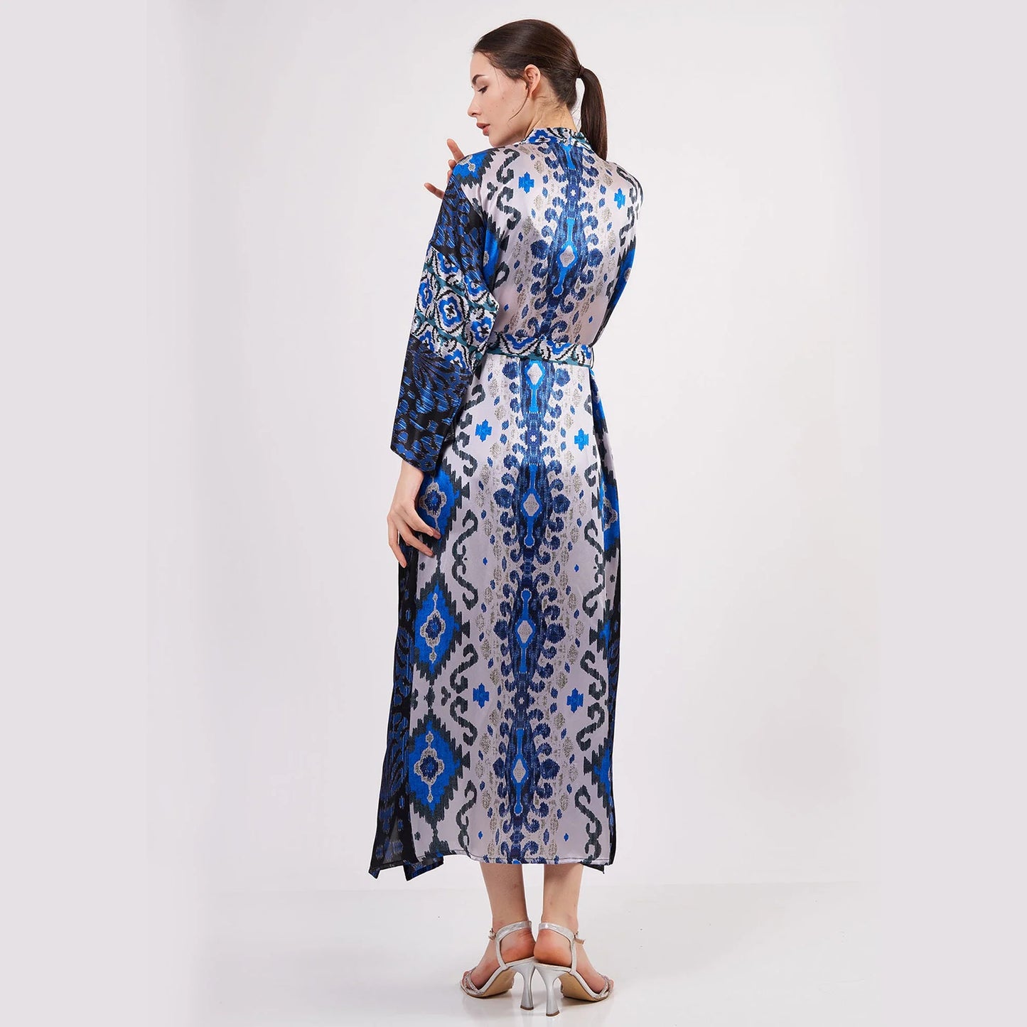 %100 İpek Uzun Kimono Kaftan | Ikat Desen Koyu Mavi | Nomads Felt