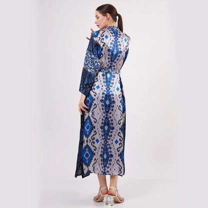 %100 İpek Uzun Kimono Kaftan | Ikat Desen Koyu Mavi | Nomads Felt