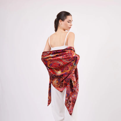 100% İpek Şal Fular | Mandala Desen | 140 cm | Kırmızı | Nomads Felt