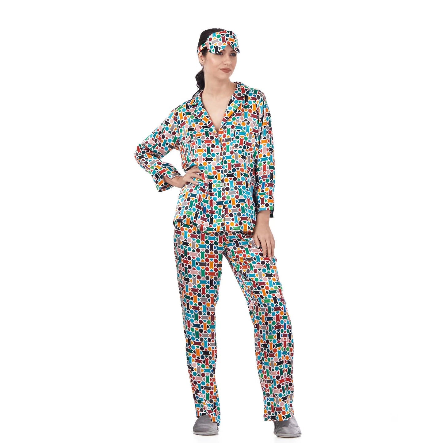 %100 İpek Gömlek-Pantolon / Pijama Takımı | Çok Renkli Geometrik Desen | Nomads Felt