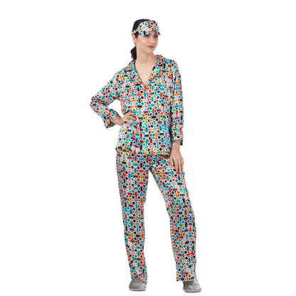 %100 İpek Gömlek-Pantolon / Pijama Takımı | Çok Renkli Geometrik Desen | Nomads Felt