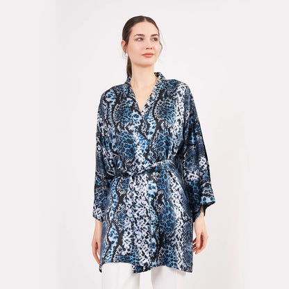 Saf İpek Kısa Kimono Kaftan | Yılan Derisi Desen Mavi | Nomads Felt
