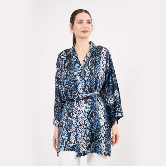 Saf İpek Kısa Kimono Kaftan | Yılan Derisi Desen Mavi | Nomads Felt