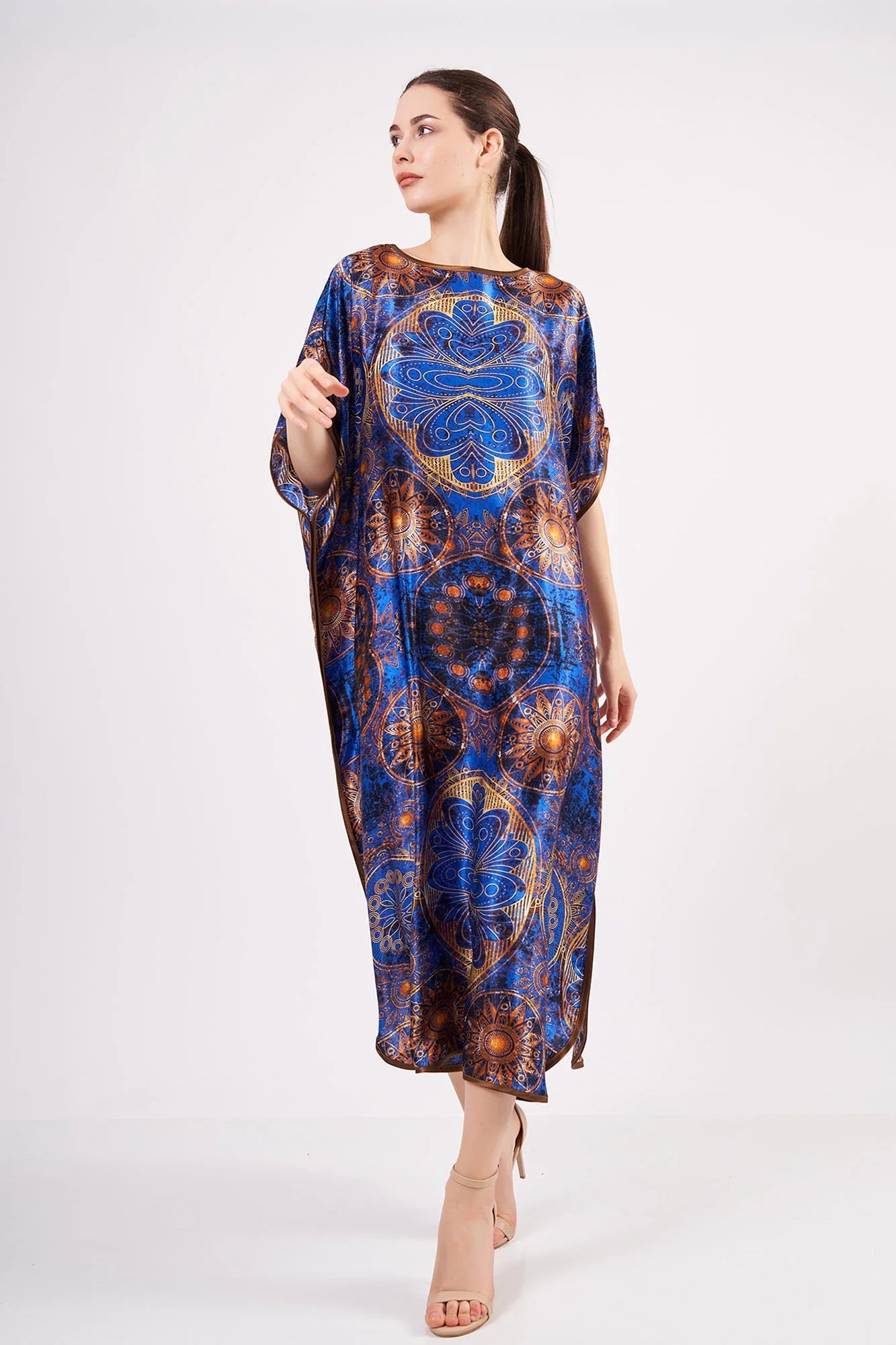 Saf İpek Uzun Elbise | Mandala Desen Saks Mavi | Nomads Felt