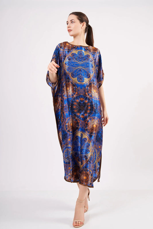 Saf İpek Uzun Elbise | Mandala Desen Saks Mavi | Nomads Felt