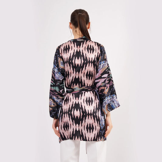 Saf İpek Kısa Kimono Kaftan | Ikat Desen 7 | Nomads Felt