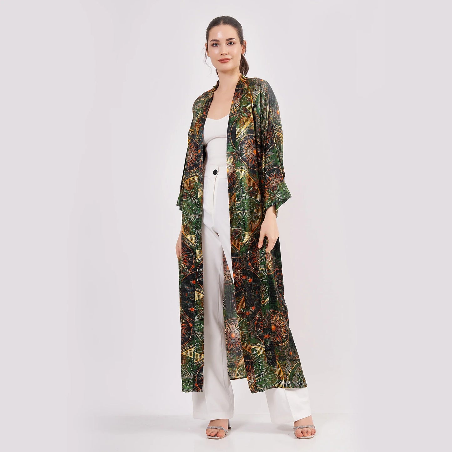 Saf İpek Kimono Kaftan | Mandala Desen | Haki