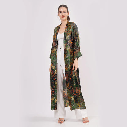 Saf İpek Kimono Kaftan | Mandala Desen | Haki