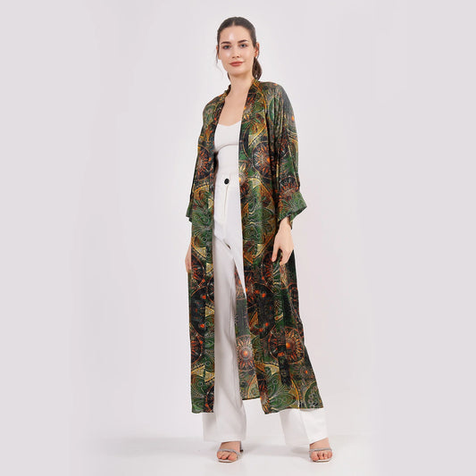 Saf İpek Kimono Kaftan | Mandala Desen | Haki