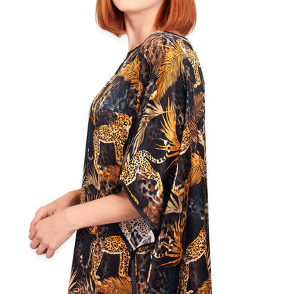 Siyah Gold Leopar Desenli İpek Elbise