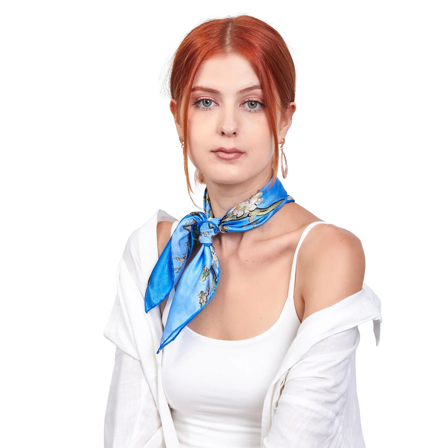 %100 İpek Mavi Fular Bandana | Van Gogh Badem Ağacı | Nomads Felt