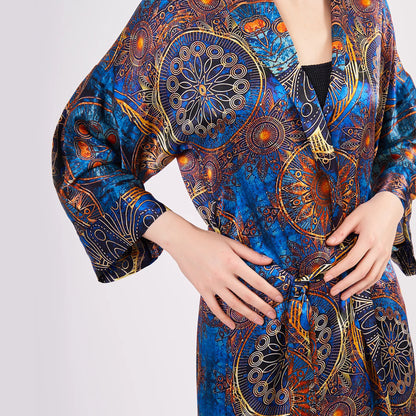 Saf İpek Kapüşonlu Kimono Kaftan | Mandala Desen Mavi | Nomads Felt