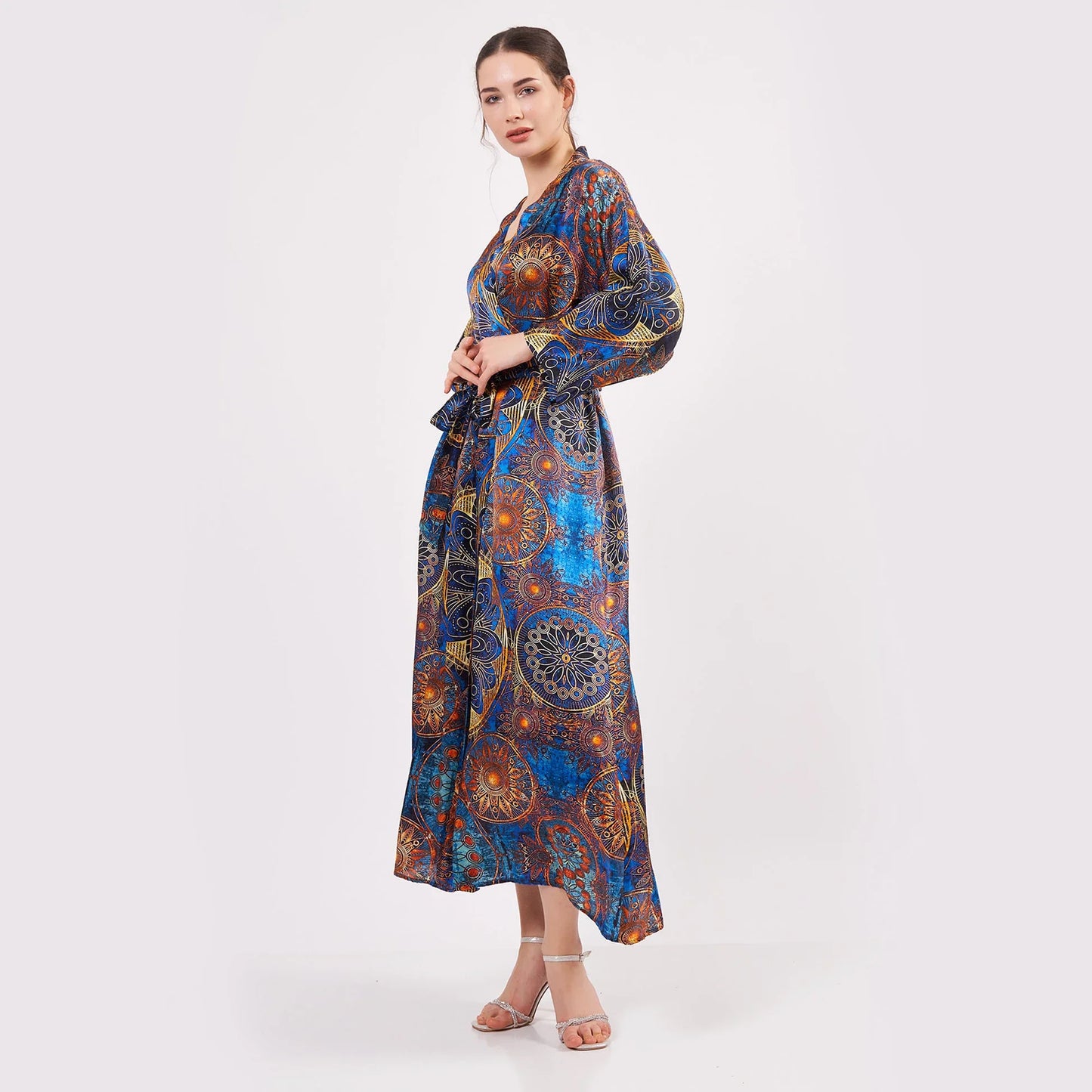 Saf İpek Uzun Kimono Kaftan | Mavi Mandala Desen 1 | Nomads Felt