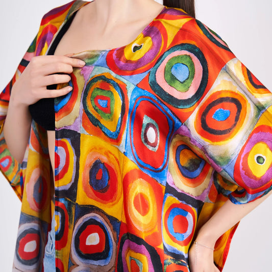 %100 İpek Kısa Kimono Pareo | Kandinsky Squares with Circles | Nomads Felt
