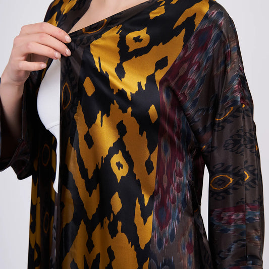 Siyah- Gold İkat Desenli İpek Kimono