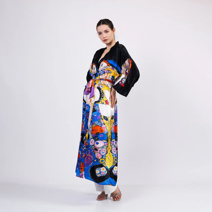 %100 İpek Uzun Kimono Kaftan | Gustav Klimt The Virgins | Nomads Felt