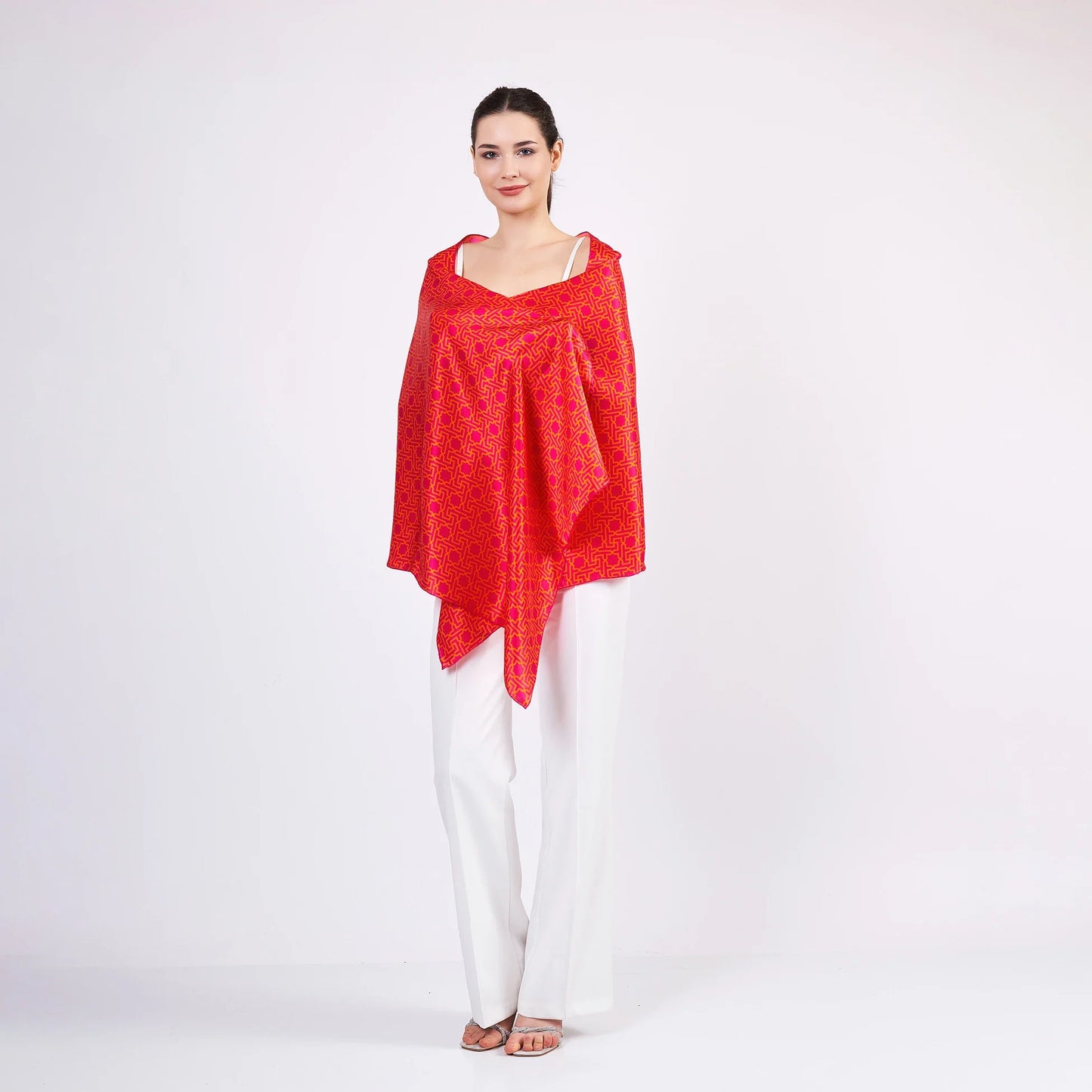 Saf İpek Fular | 70x200 | Fuşya-Turuncu | Selçuklu Vektörel Yıldız Desen | Nomads Felt