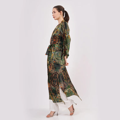 Saf İpek Kimono Kaftan | Mandala Desen | Haki