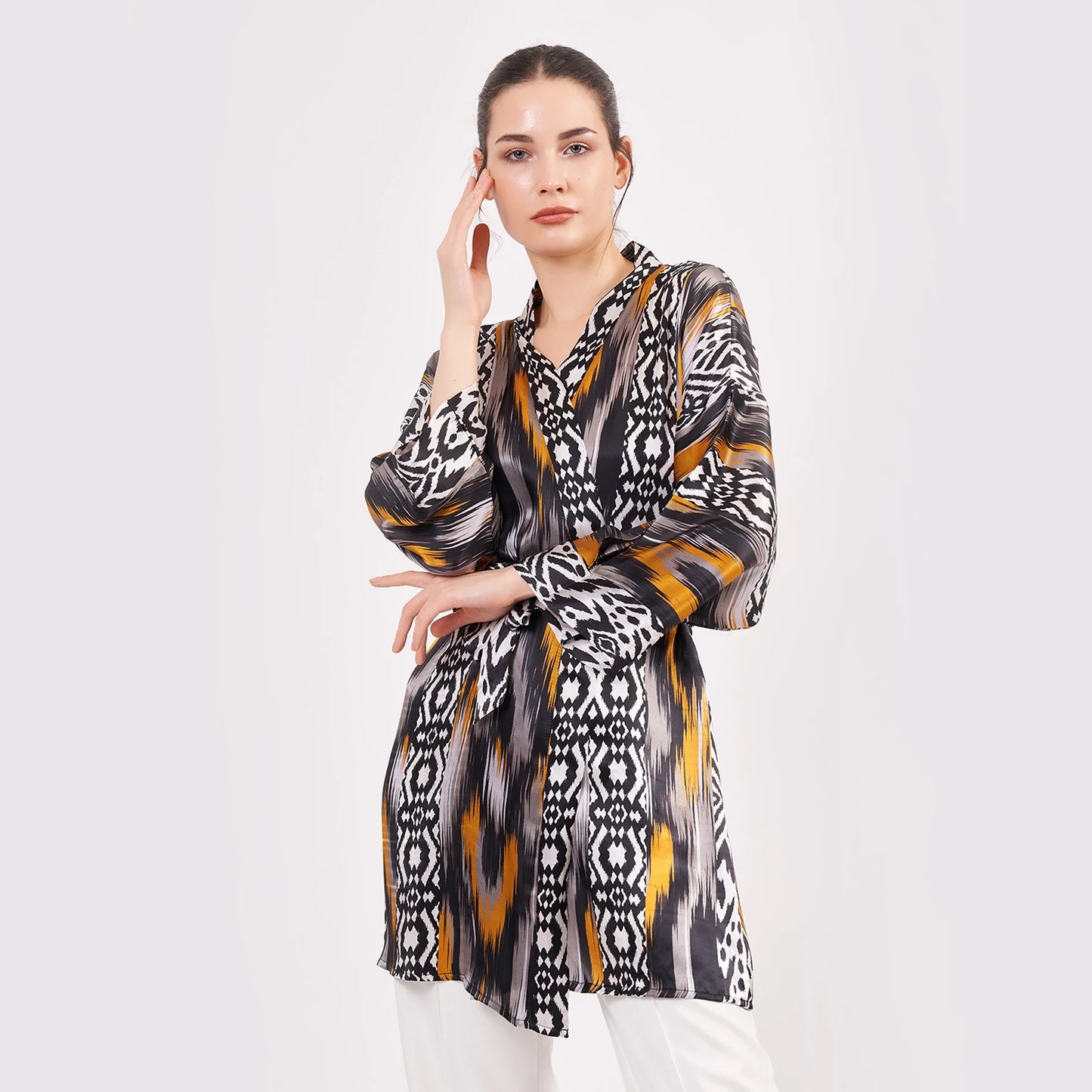 Saf İpek Kısa Kimono Kaftan | Ikat Desen 8 | Nomads Felt