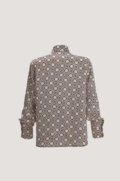 Selçuklu Desenli İnci Beyazı Fular Yaka Gömlek