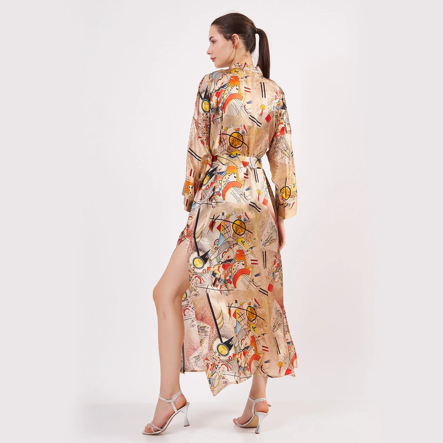 %100 İpek Uzun Kimono Kaftan | Kandinsky Bustling Aquarelle | Nomads Felt
