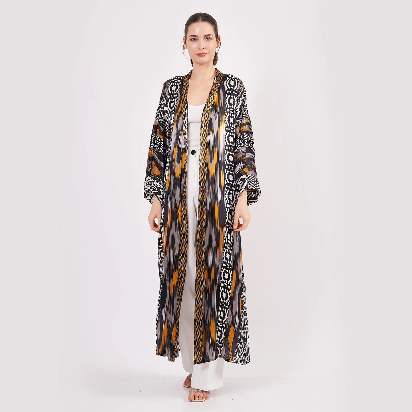 Saf İpek Uzun Kimono Kaftan | Ikat Desen 14 | Nomads Felt