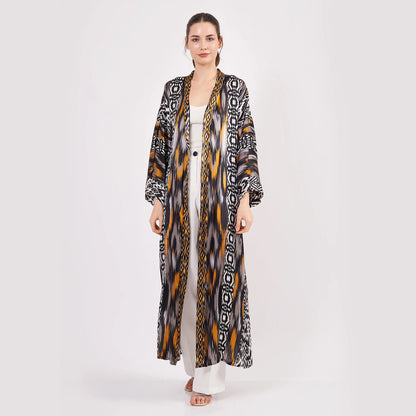 Saf İpek Uzun Kimono Kaftan | Ikat Desen 14 | Nomads Felt