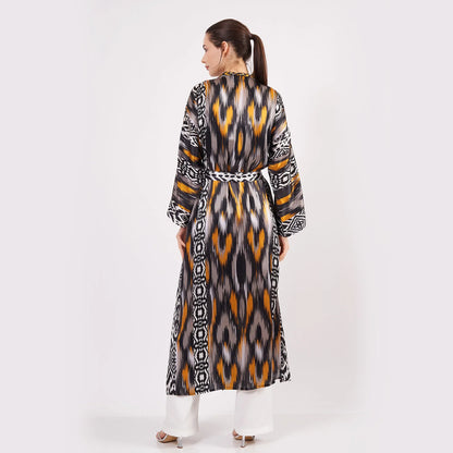 Saf İpek Uzun Kimono Kaftan | Ikat Desen 14 | Nomads Felt